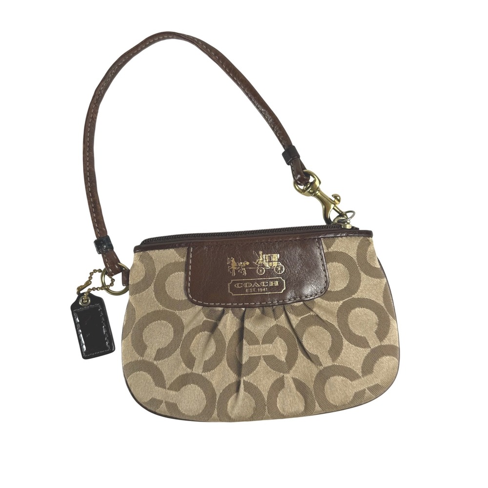 Coach | Signature Monogram Wristlet Pouch Brown Tan Leather‎ Trim